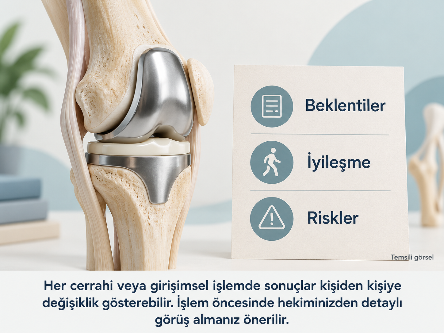 Diz protezi sonrası beklentileri ve soruları değerlendirmek için temsili diz görseli