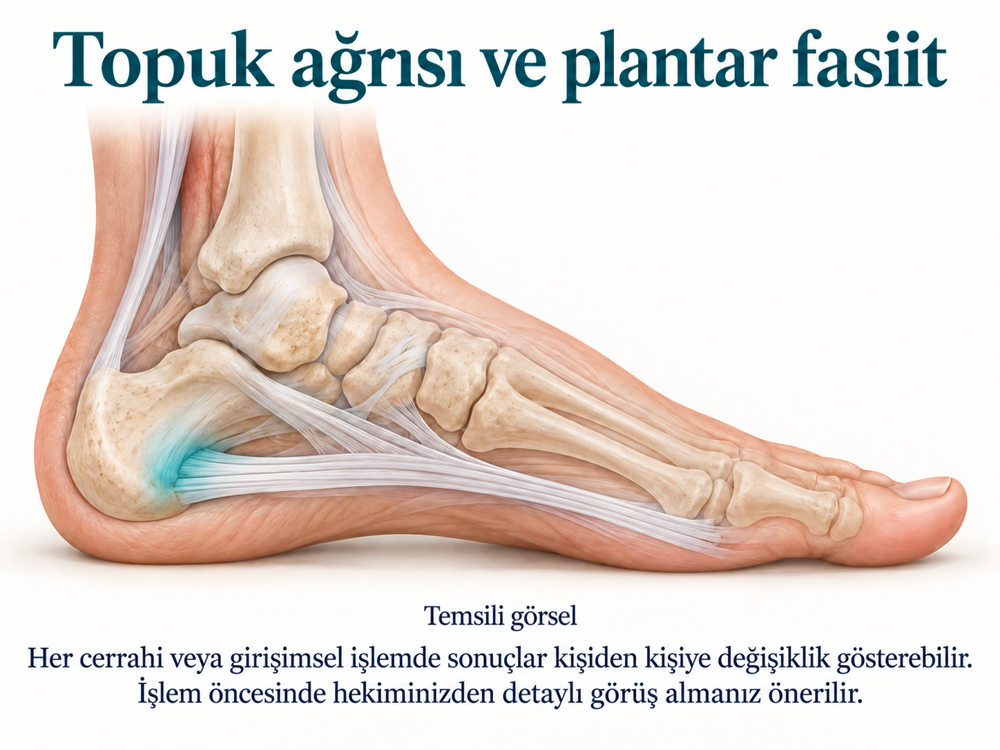 Ayak tabanında plantar fasyanın topuk kemiğiyle ilişkisini gösteren temsili anatomi çizimi